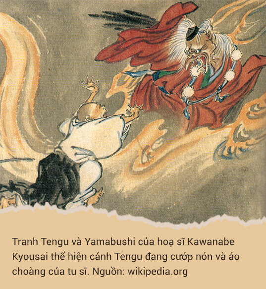 Tranh Tengu và Yamabushi của hoạ sĩ Kawanabe Kyousai thể hiện cảnh Tengu đang cướp nón và áo choàng của tu sĩ. Nguồn: wikipedia.org