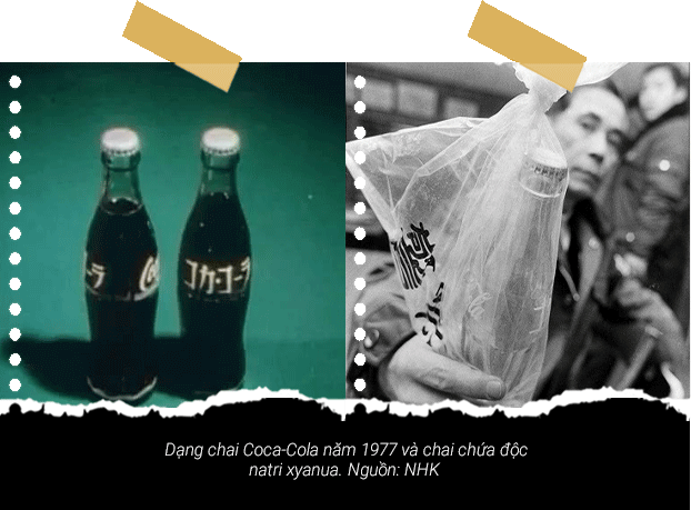 Dạng chai Coca-Cola năm 1977 và chai chứa độc natri xyanua. Nguồn: NHK 